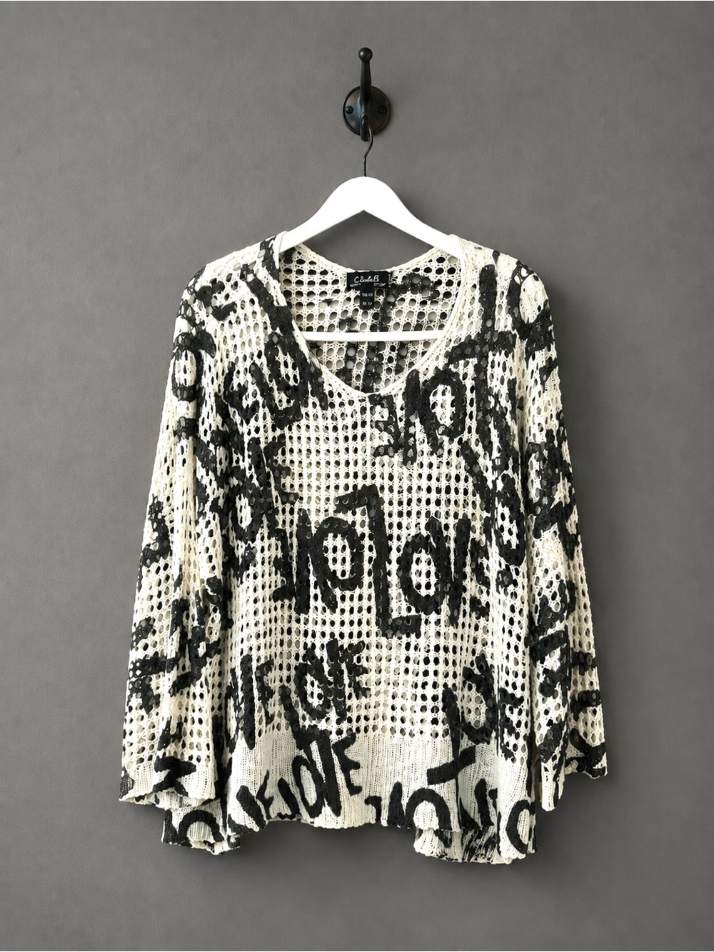 CHARLIE B White Open-Knit Sweater with Black Graffiti “ LOVE” Print